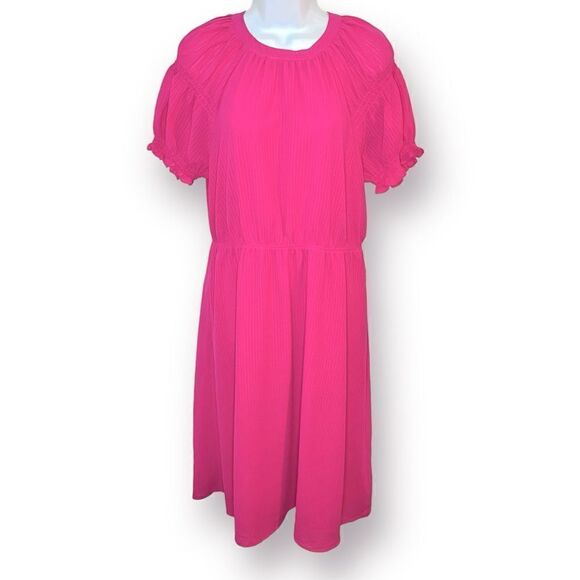 Skies Are Blue Casual Short Sleeve Smocked Sleeve Midi Dress Hot Pink M - Picture 1 of 10